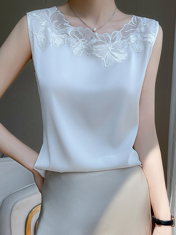 Loose Plus Size See-Through Solid Color Split-Joint Round-Neck Vest Top