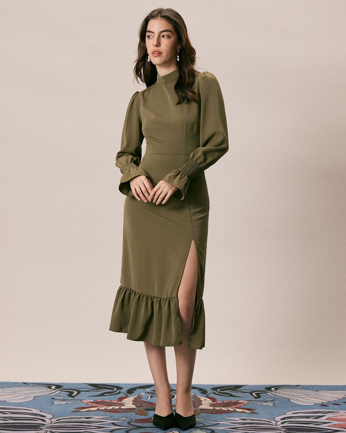 The Army Green Mock Neck Ruffle Midi Dress