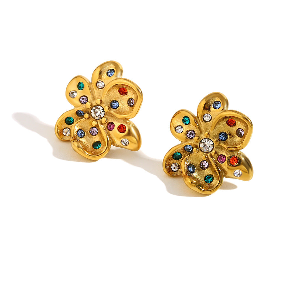 Exaggerated Stainless Steel 18K Gold Plated Flower Cherry Line Double Ring Stitching Earrings For Women