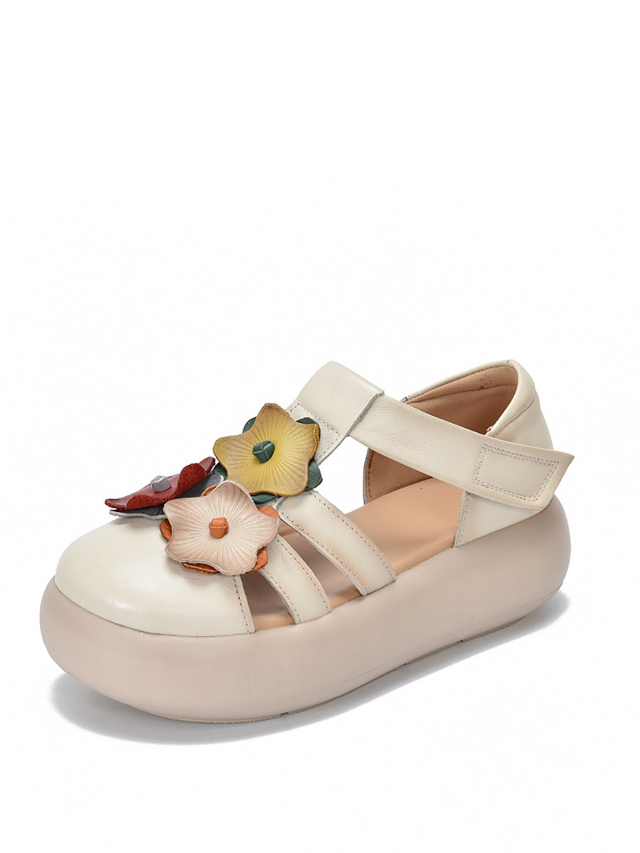 Women Summer Genuine Leather Flower Platform Sandals