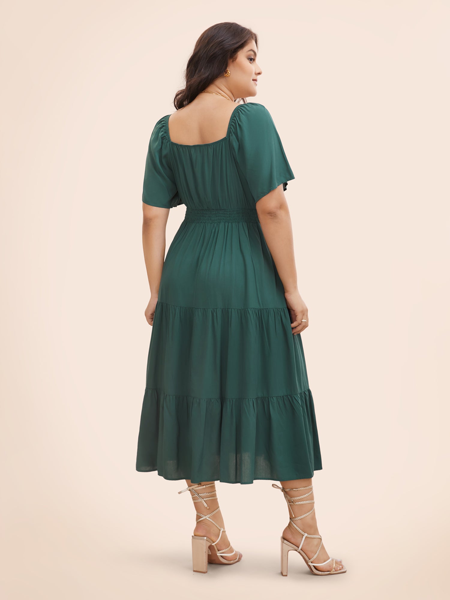 Heart Neckline Shirred Ruffle Layered Hem Dress