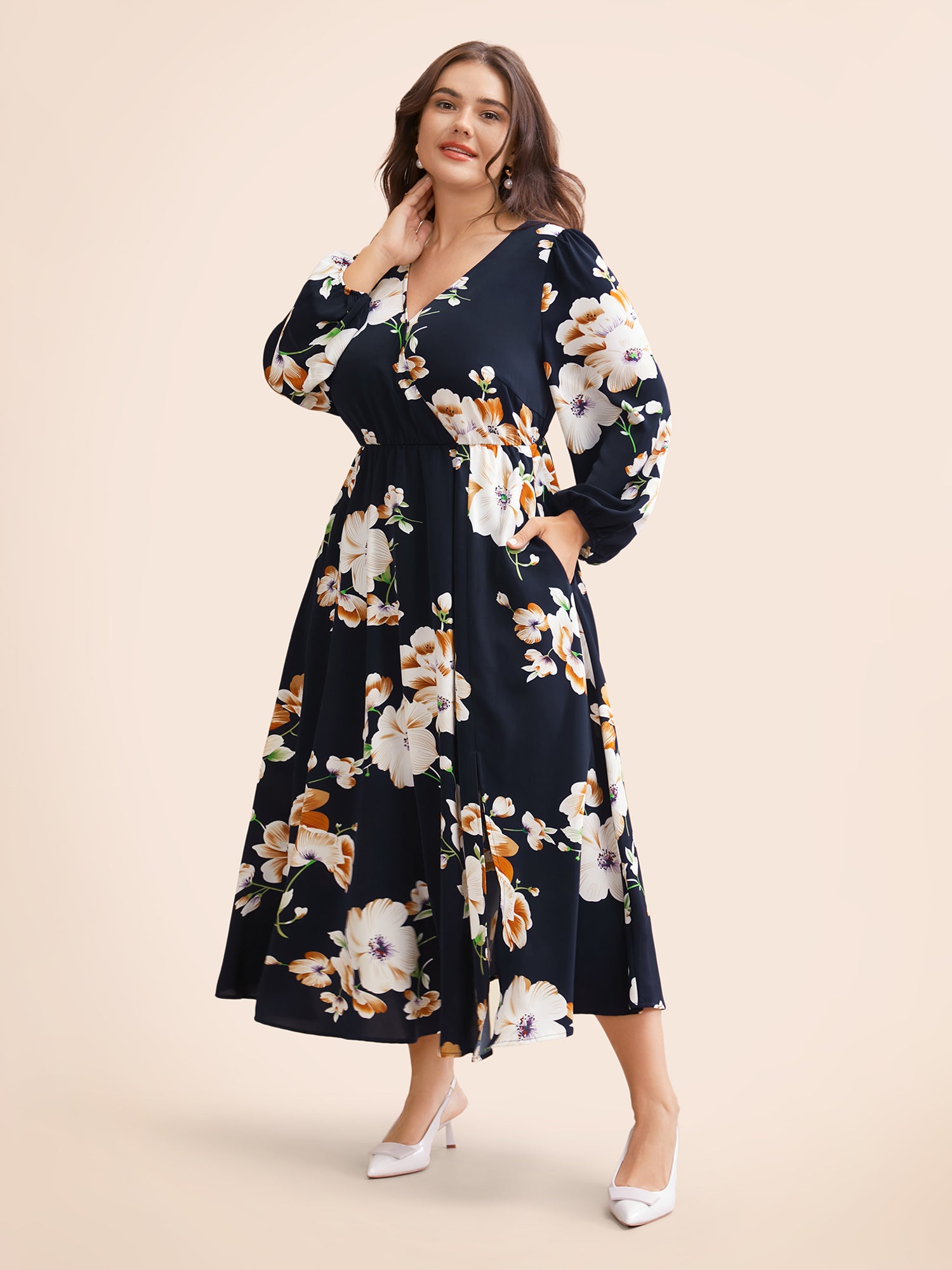 Bloom Dress - Floral Lantern Sleeve Pocket Split Surplice Neck Flutter Maxi Dress