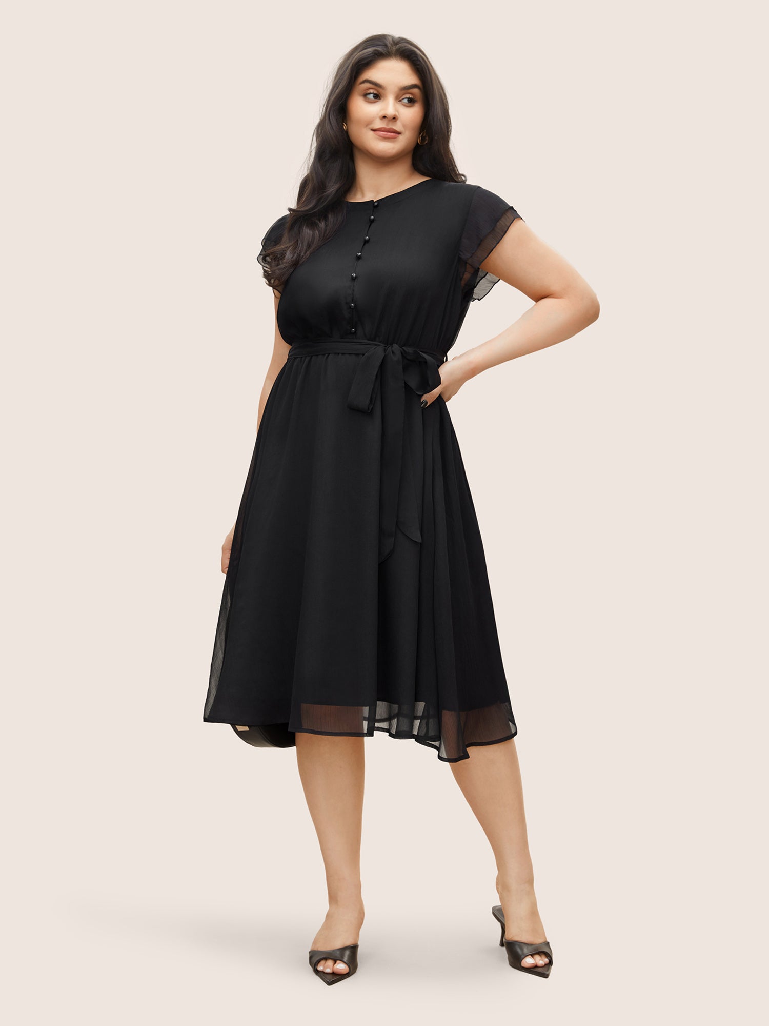 Solid Mesh Belted Ruffle Cap Sleeve Dress