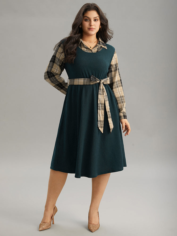 Plaid Patchwork Rib Knit Shirt Collar Belted Dress
