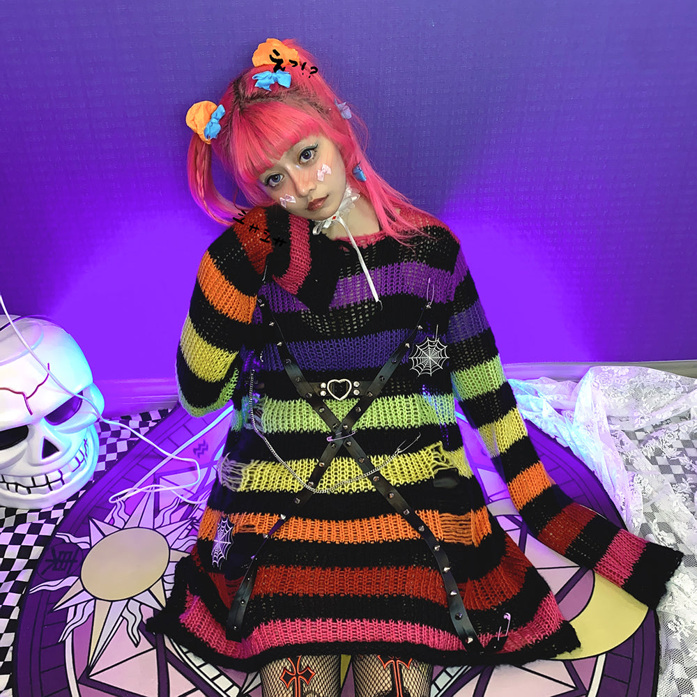 Punk long-sleeved ripped striped sweater   KF82339