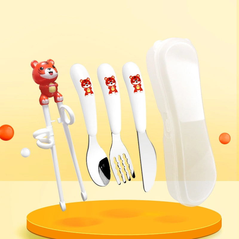 Portable Feeding Children's Tableware Set Cartoon Learning Chopsticks Training Chopsticks 304 Stainless Steel Spoon Fork