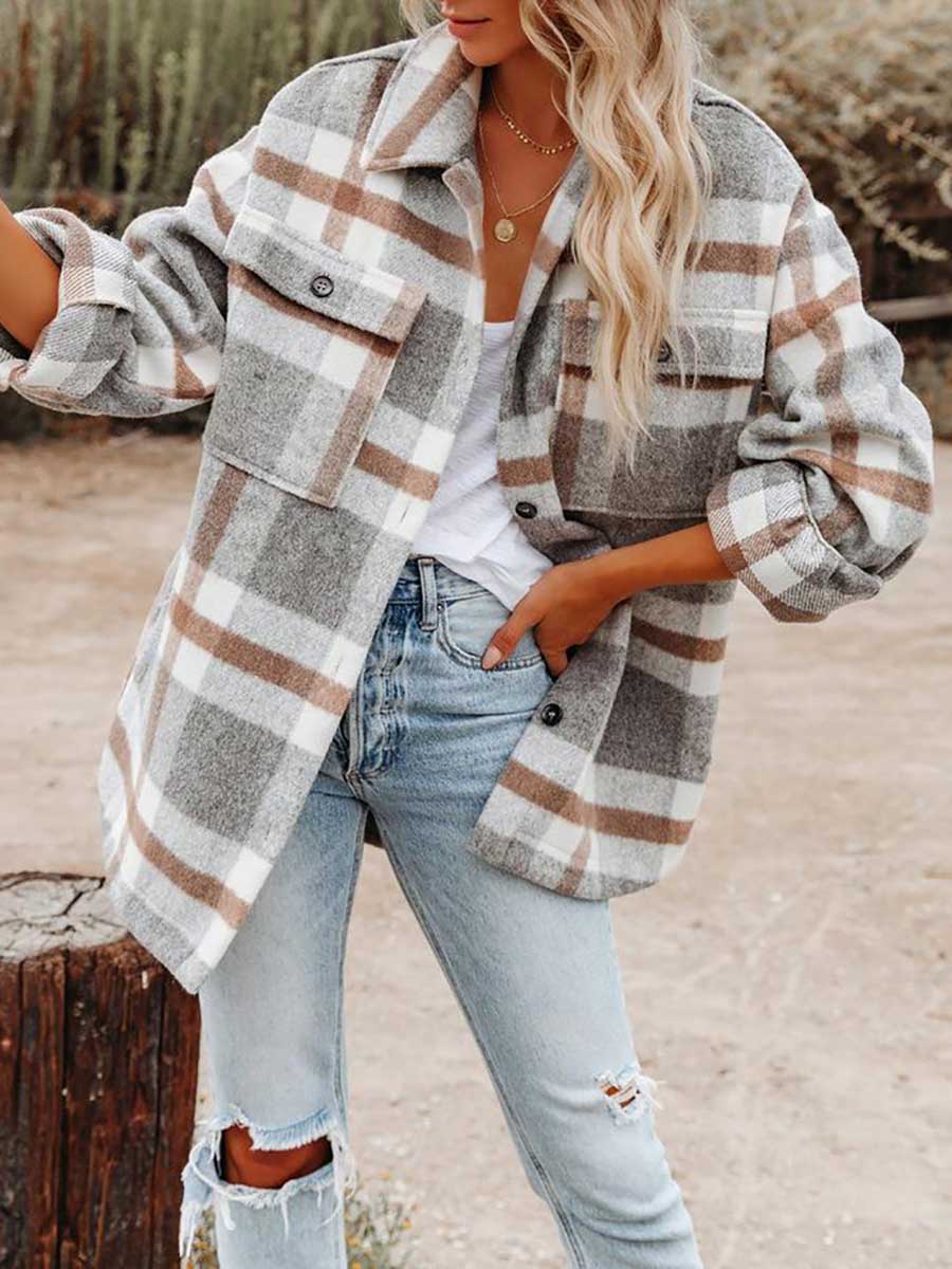 Autumn and Winter Long-sleeved Lapel Loose Plaid Thickened Tweed Jacket