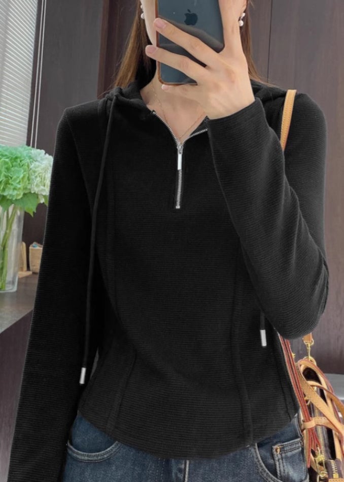 Women Grey Hooded Zippered Cotton T Shirt Spring