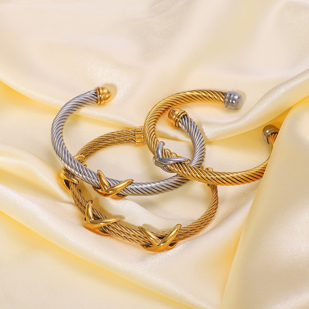 Retro Style Letter Braided Open Bracelet Gold Steel Color Matching Design Stainless Steel Plated With 18K Gold