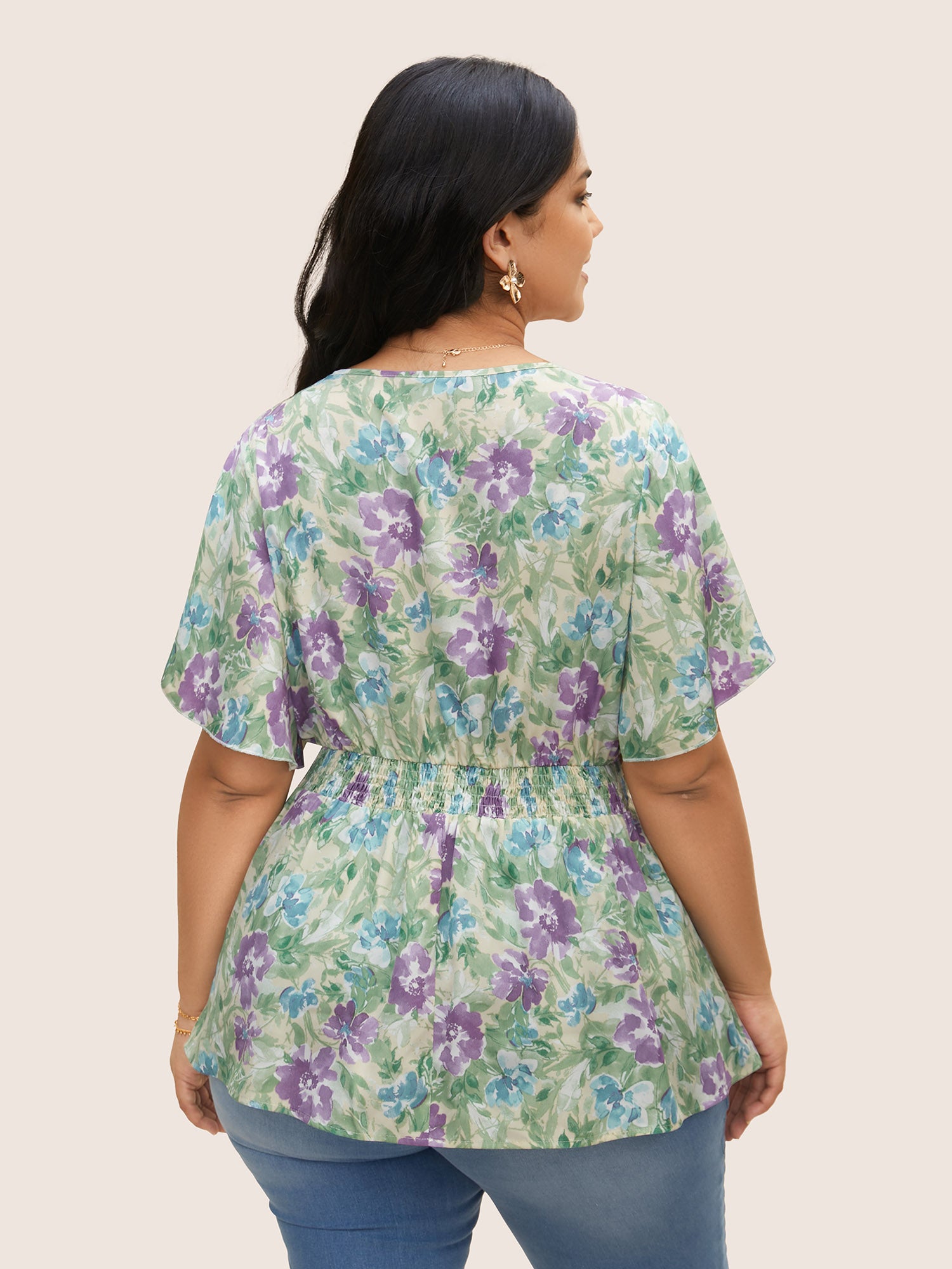 V Neck Floral Petal Sleeve Pleated Blouse