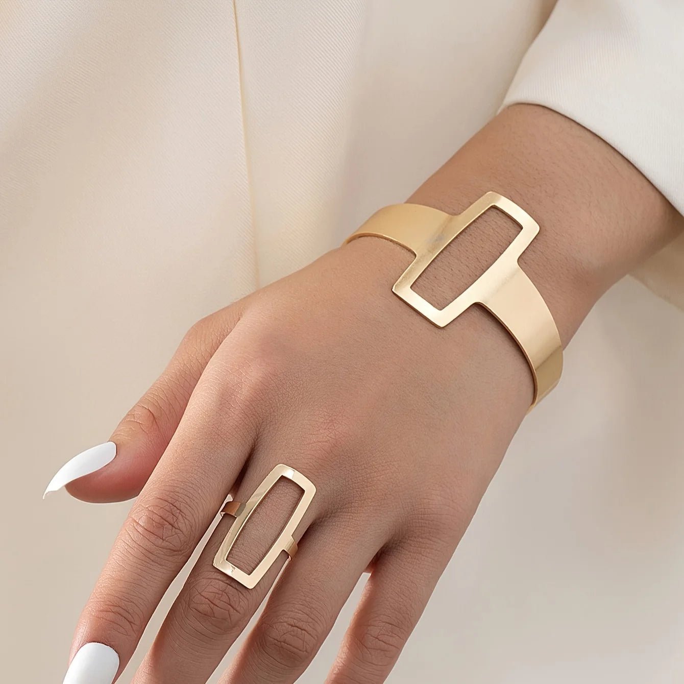 Adjustable Geometric Rectangle Bracelet and Ring Set