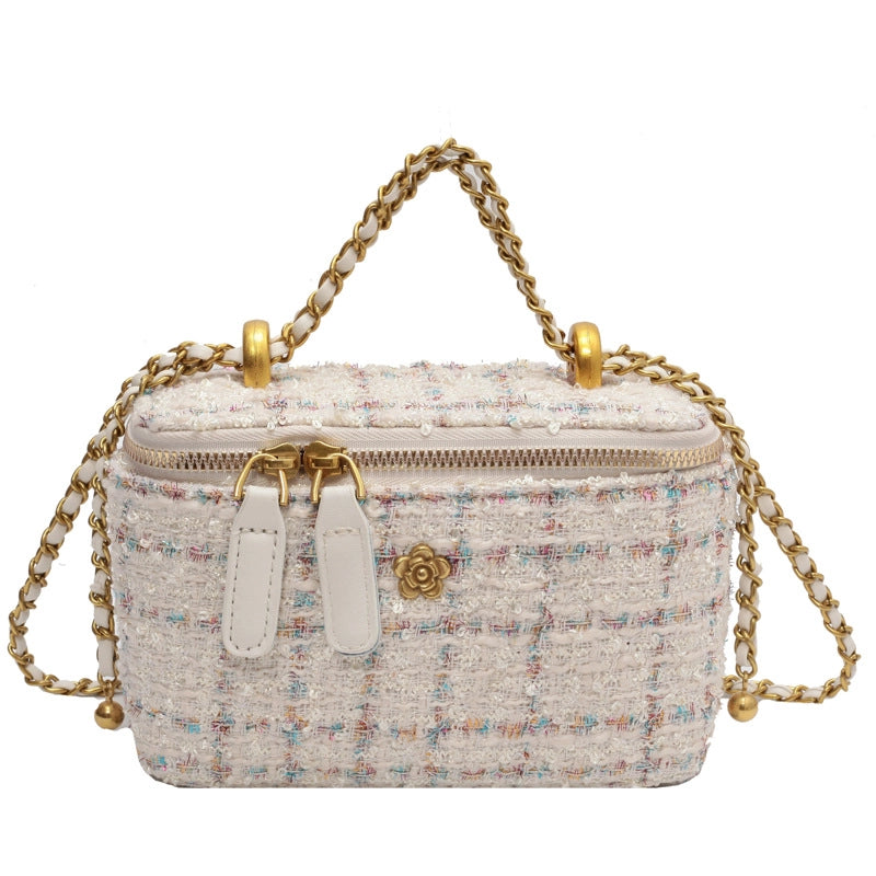 Women's Canvas Plaid Elegant Sewing Thread Square Zipper Shoulder Bag Crossbody Bag Square Bag