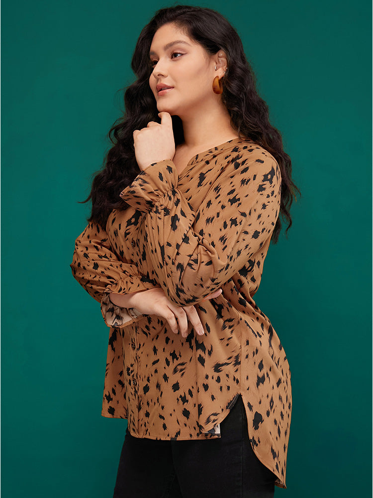 Leopard Print Button Up Split Hem V Neck Blouse