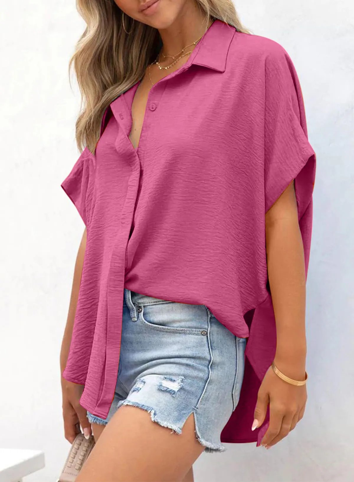 💥Hot Sale 49% Off🍃Women's Casual Button Short Sleeve Slit Hem Shirt Solid Color Tops