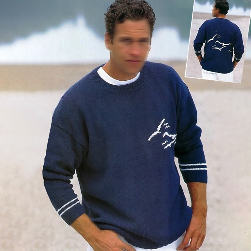 Retro Seagull Print Knitted Jacquard Sweater