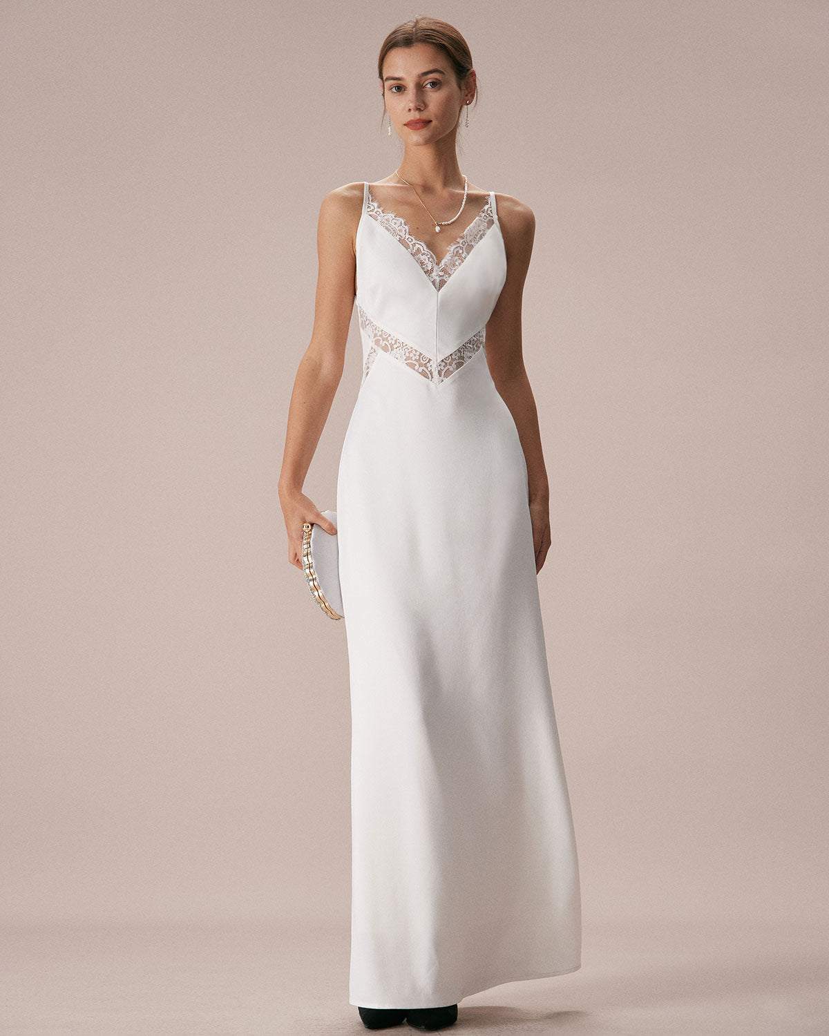 The White V Neck Lace Trim Slip Maxi Dress