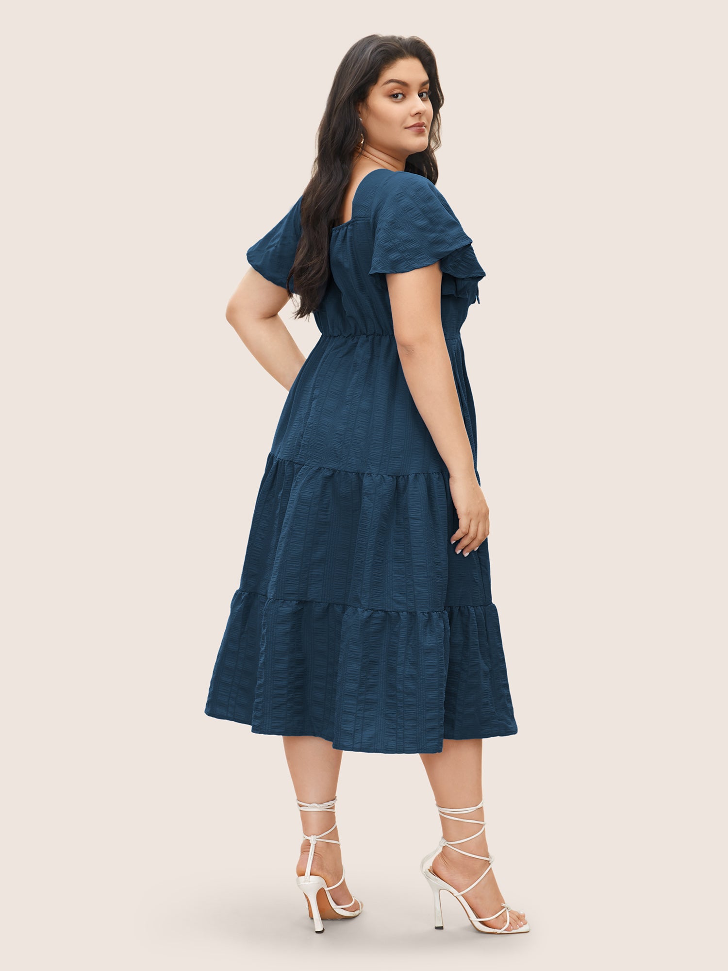 Plain Ruched Drawstring Pocket Ruffle Tiered Dress
