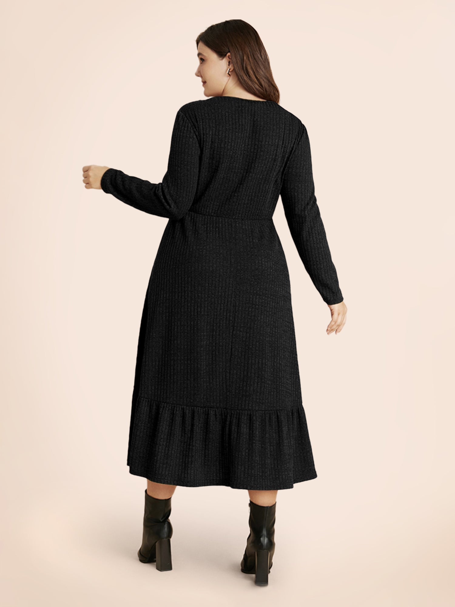 Solid Pocket Rib Knit Ruffle Hem Dress Without Belt