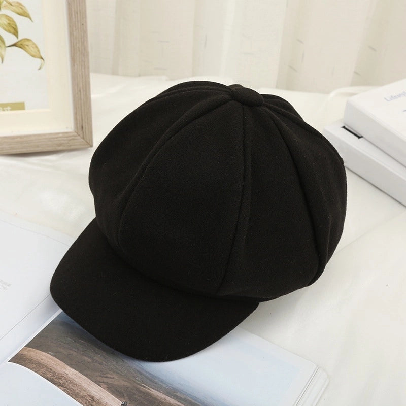 Octagonal Hat New Female Autumn And Winter Korean Woolen Hat Warm Fashion Retro Duck Tongue Beret Spot