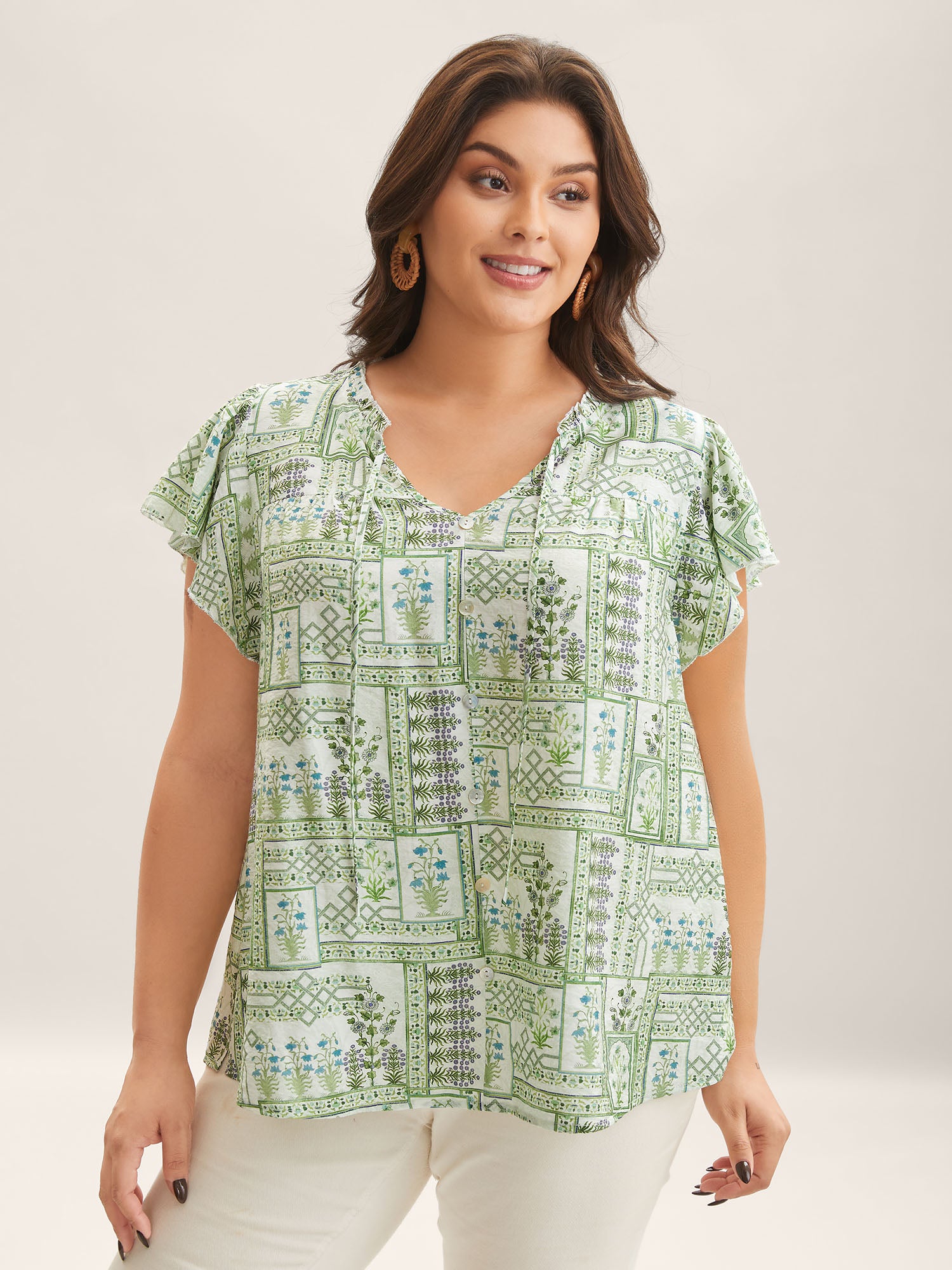 Serene Leaf Collage Flutter Sleeve Blouse