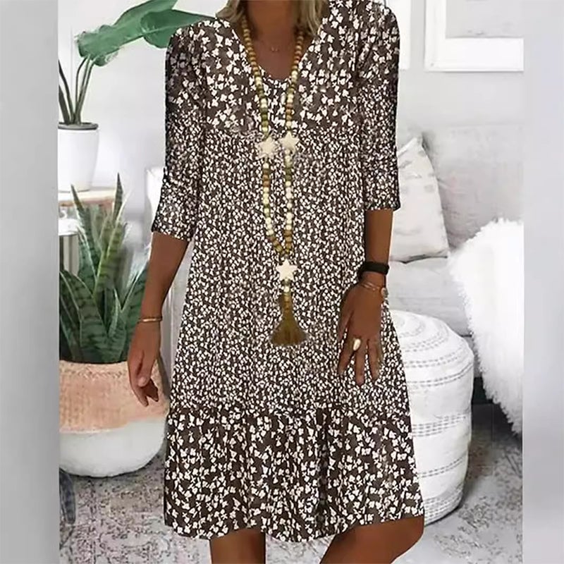 Women's Fashion Printed Mid Sleeve V-Neck Dresses