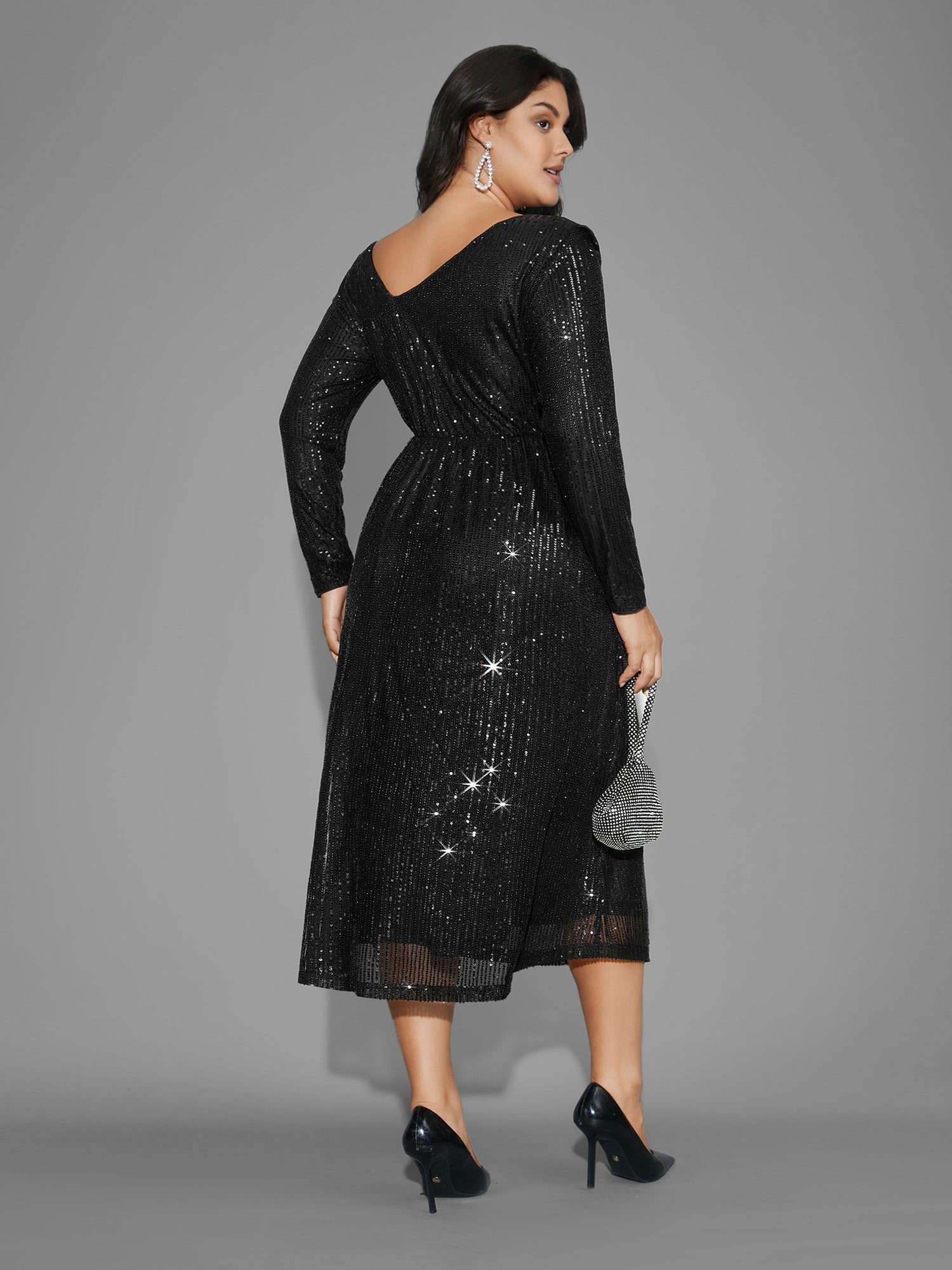 Sequin Mesh Asymmetrical Neck Midi Dress