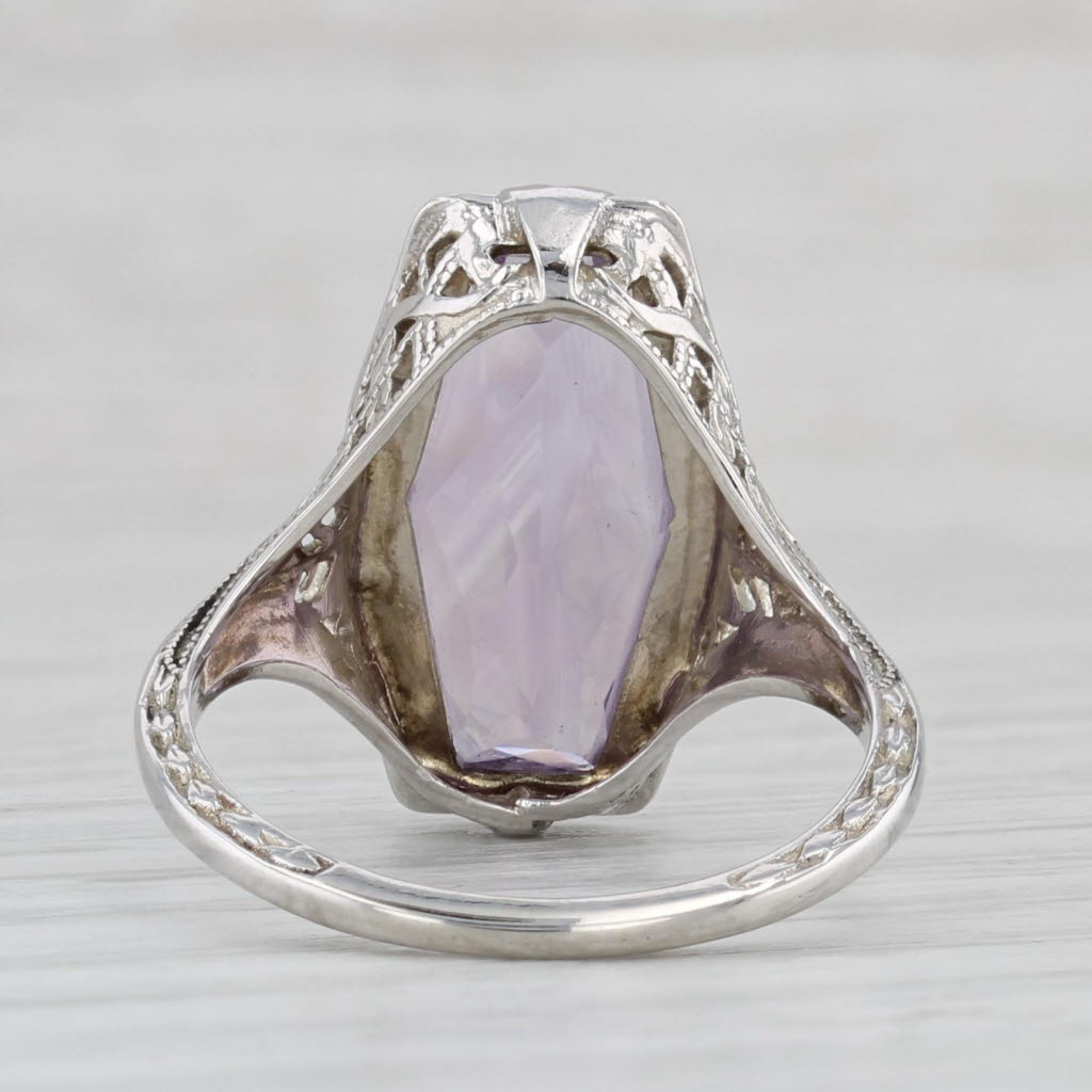 Vintage Amethyst Solitaire Ring 14k White Gold Filigree Size 6.5