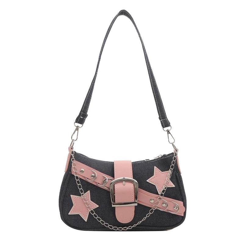 Women's Denim Color Block Star Streetwear Buckle Underarm Bag