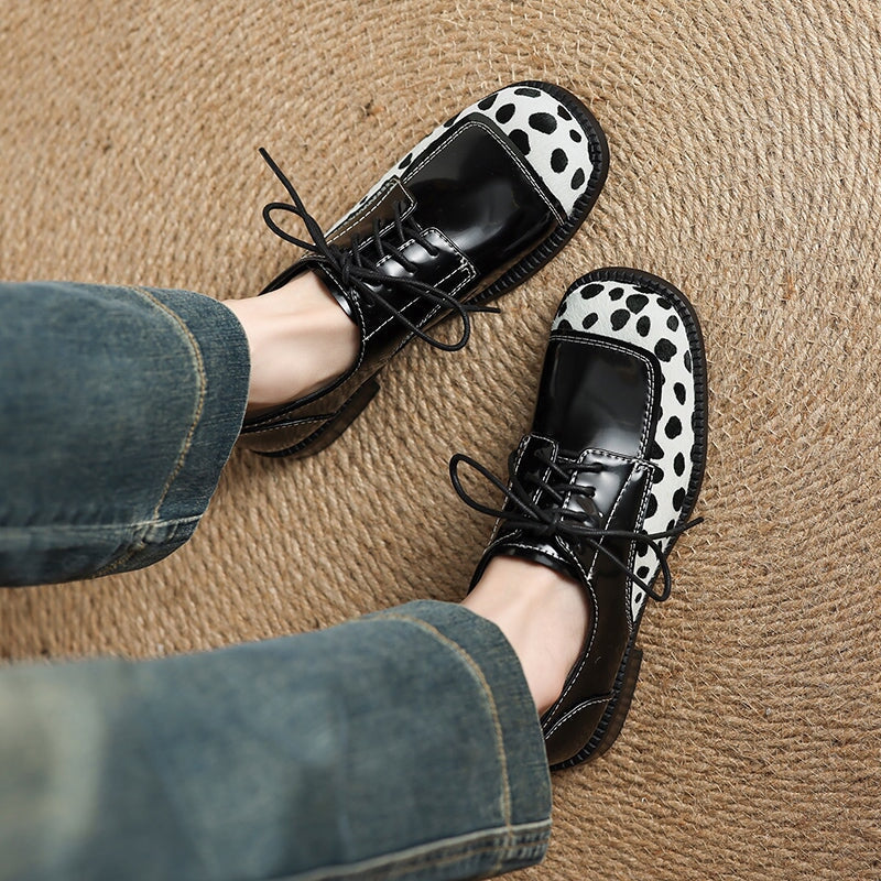 Unique Dalmatian Print Patchwork Handmade Leather Lace-Up Oxford Shoes in Black