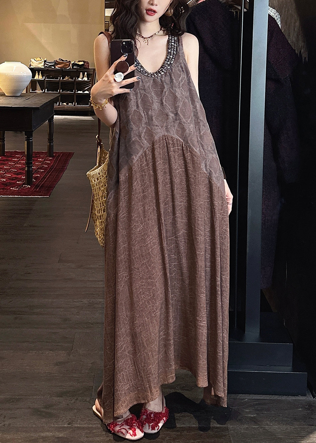 Coffee Tulle Patchwork Cotton Long Dresses O Neck Summer