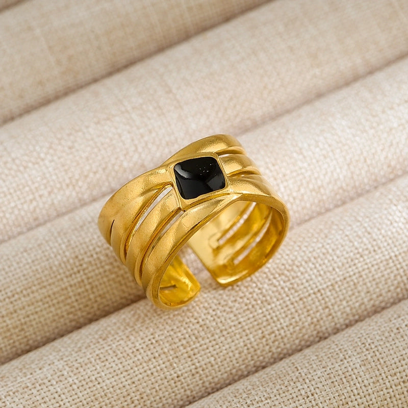 Rock Oversized Leaves Eye Flower 304 Stainless Steel Gem 18K Gold Plated Inlay Open Rings