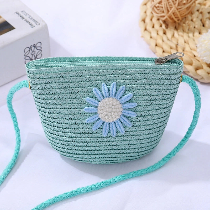 Women's Mini Straw Daisy Vintage Style Round Zipper Straw Bag