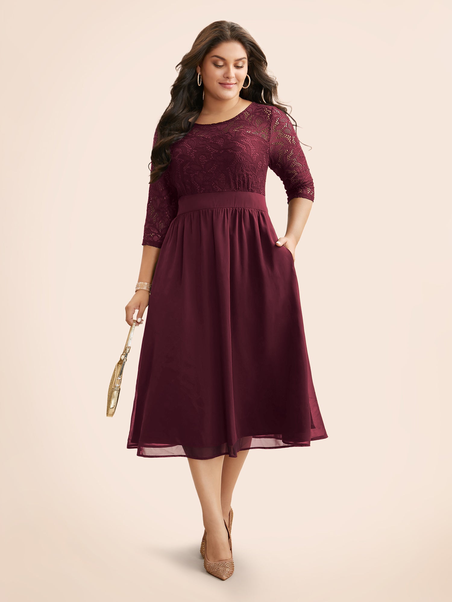 Lace Patchwork Shirred Midi Pocket Dress