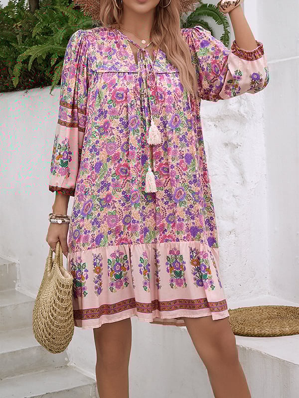 A-Line Loose Contrast Color Drawstring Flower Print Pleated Split-Joint V-Neck Mini Dresses