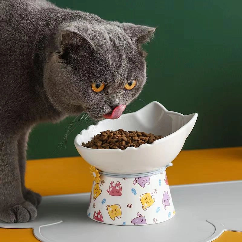 Cat Bowl Ceramic Cat Food Basin Dog Bowl Anti-overturning Integrated High Foot Inclined Mouth Cute Cat Shape Drinking Water Food Basin Pet