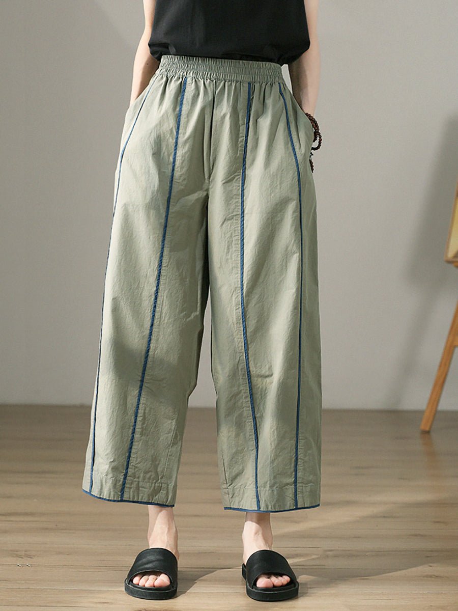 Plus Size Women Casual Colorblock 100%Cotton Wide-leg Pants