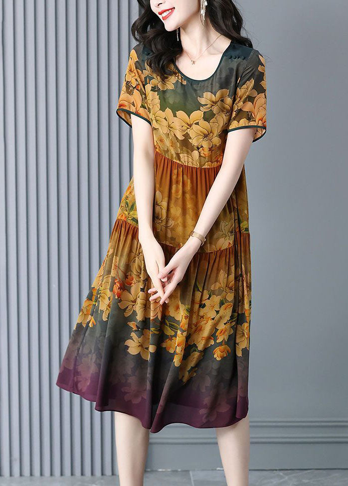 Khaki Print Patchwork Wrinkled Silk Holiday Dress Summer