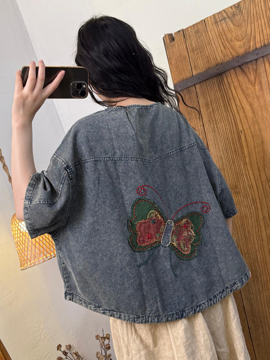 Women Summer Retro Denim Butterfly Patchwork Shirt