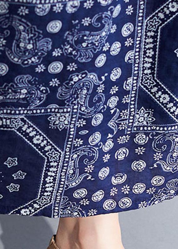 Navy Exra Large Hem Print Dresses Cotton Linen Summer