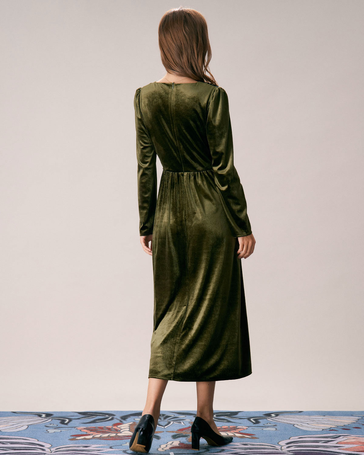 The Green V Neck Velvet Ruched Midi Dress