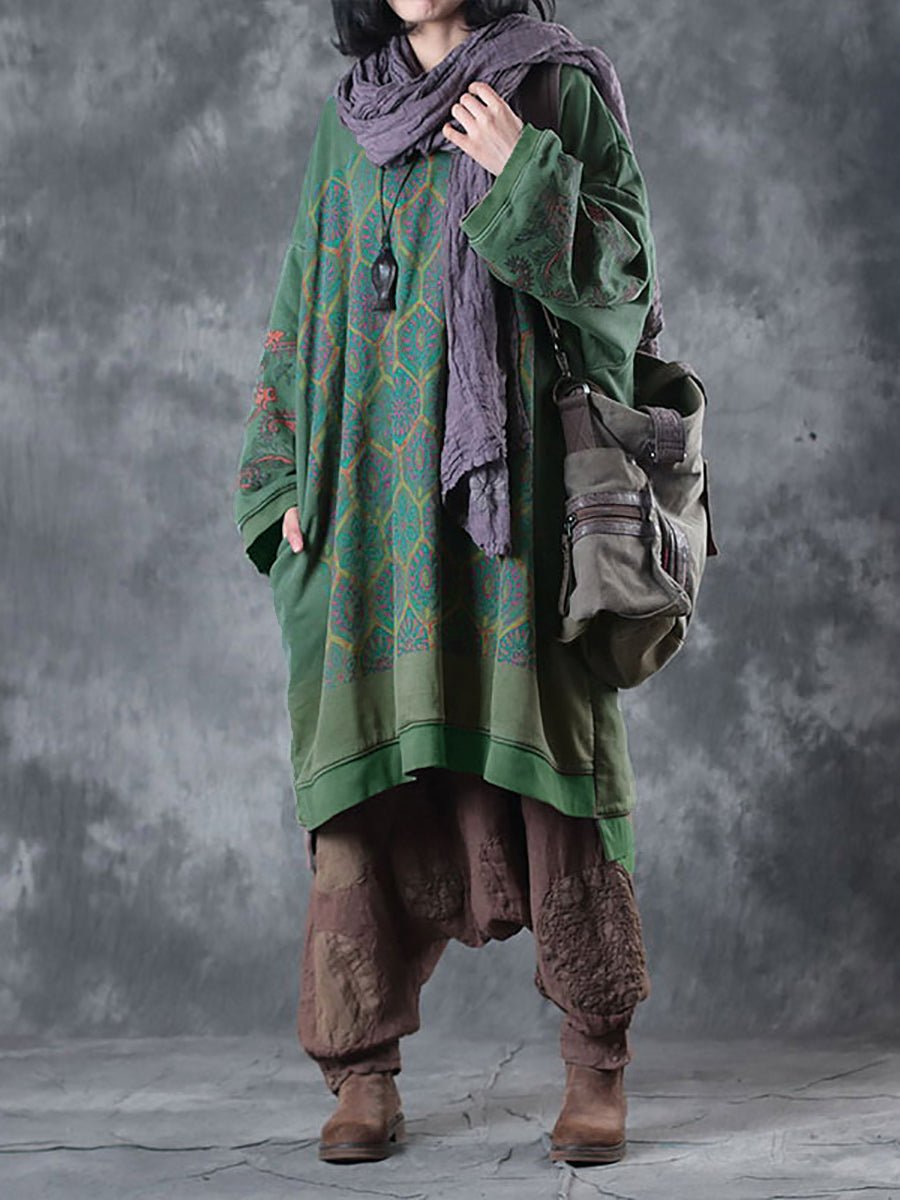 Women Casual Autumn Worn Flower O-Neck Cotton Dress