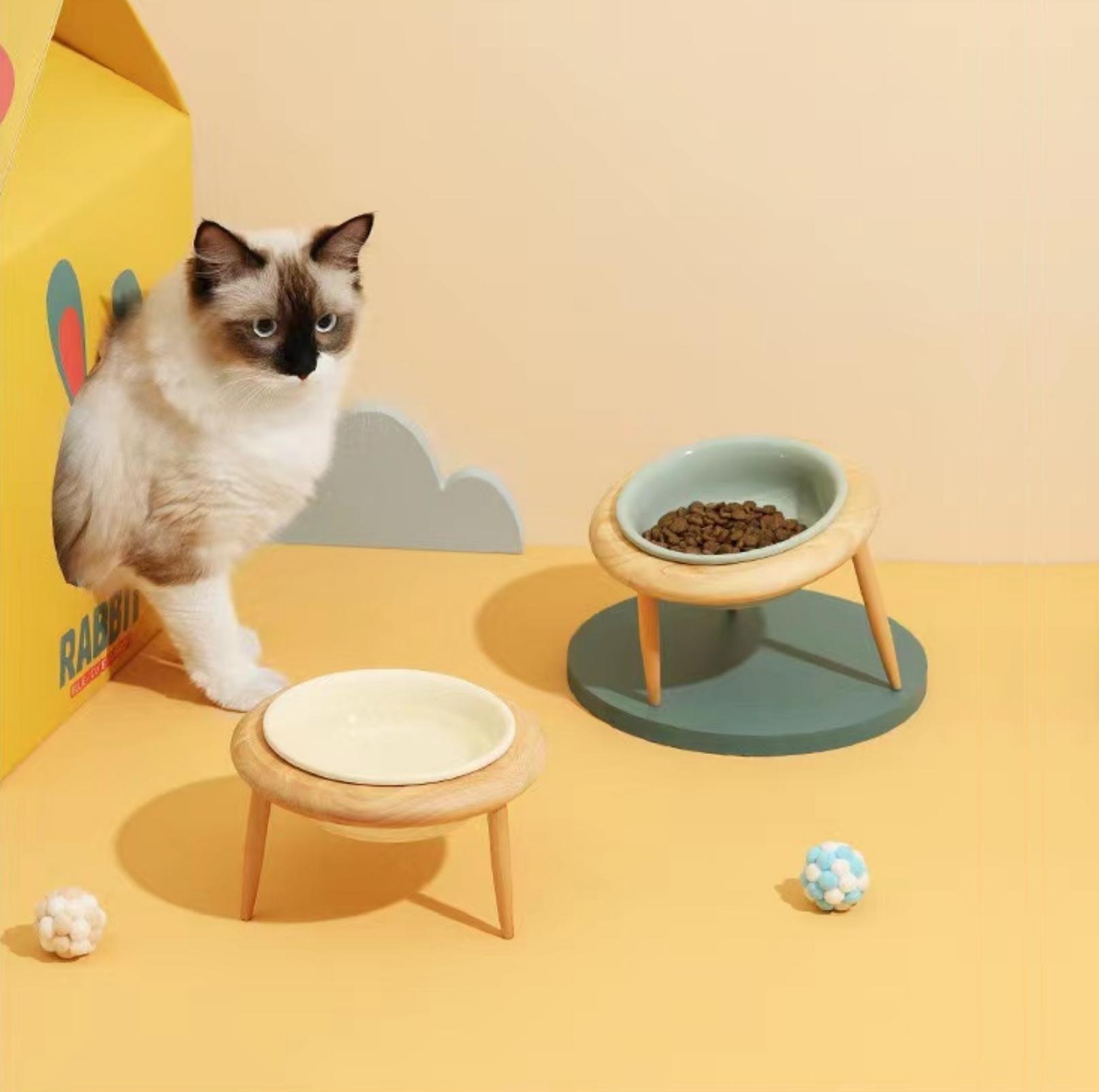 Ceramic Height Adjustable Pet Bowl with Wooden Stand | Small Dog and Cat Bowls