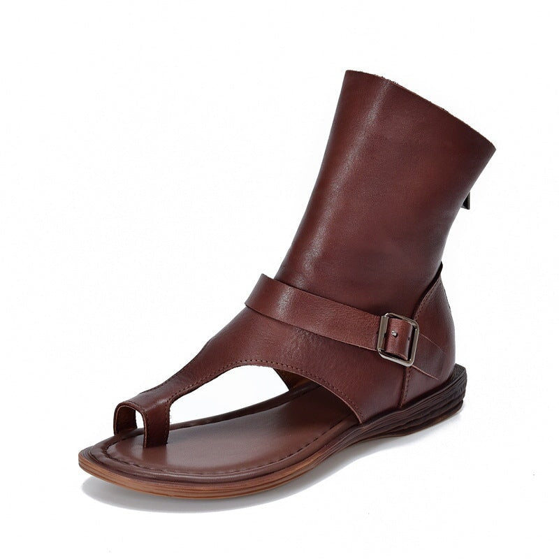 Leather Gladiator Toe Ring Flat Sandals Summer Roman Ankle Boots with Buckle & Back Zipper in Coffee/Black