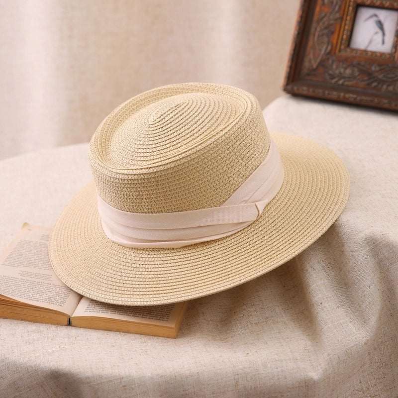 Big Head Straw Hat Women's Flat Top Hat Flat Brim Sunshade Hat Fashionable Women's Straw Sun Hat Showing Small Face
