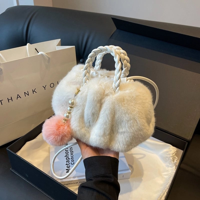 Women's Plush Solid Color Cute Classic Style Streetwear Ornament Pearls Weave Cloud Shape Hidden Buckle Crossbody Bag