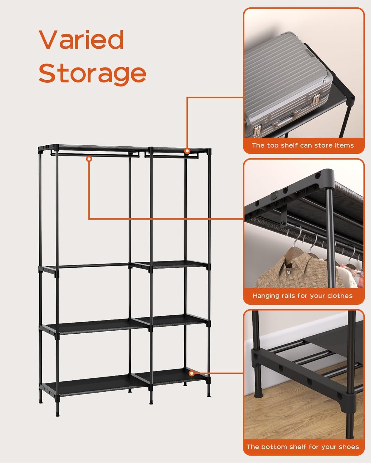 Clothes Rack, Portable Closet, 54.3 Inch Large Capacity Wardrobe Closet, Clothes Storage Organizer with Shelves and 3 Hanging Rods, Easy to Assembly, Black PCT022B01