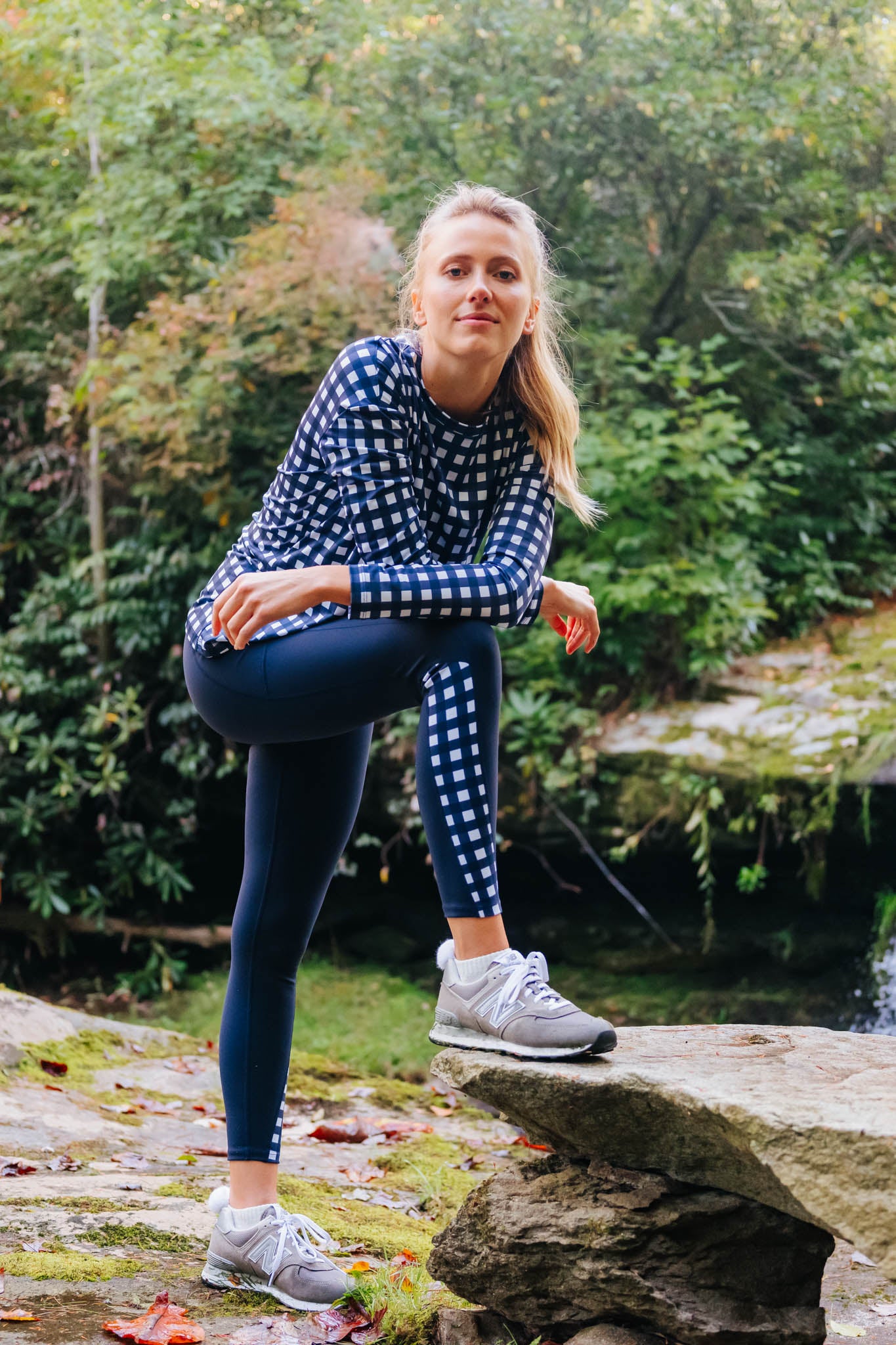 Navy Trellis Gingham Long Sleeve Ryan Boyfriend Tee