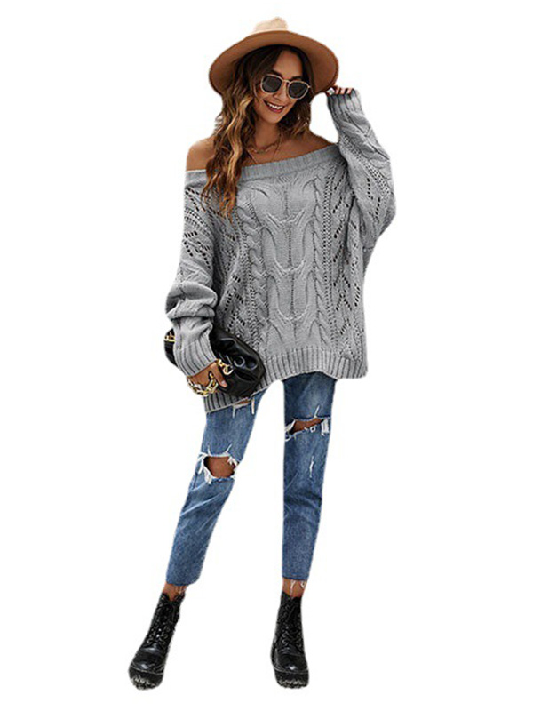 Vintage Long Sleeves Loose Solid Color Off-The-Shoulder Sweater Tops