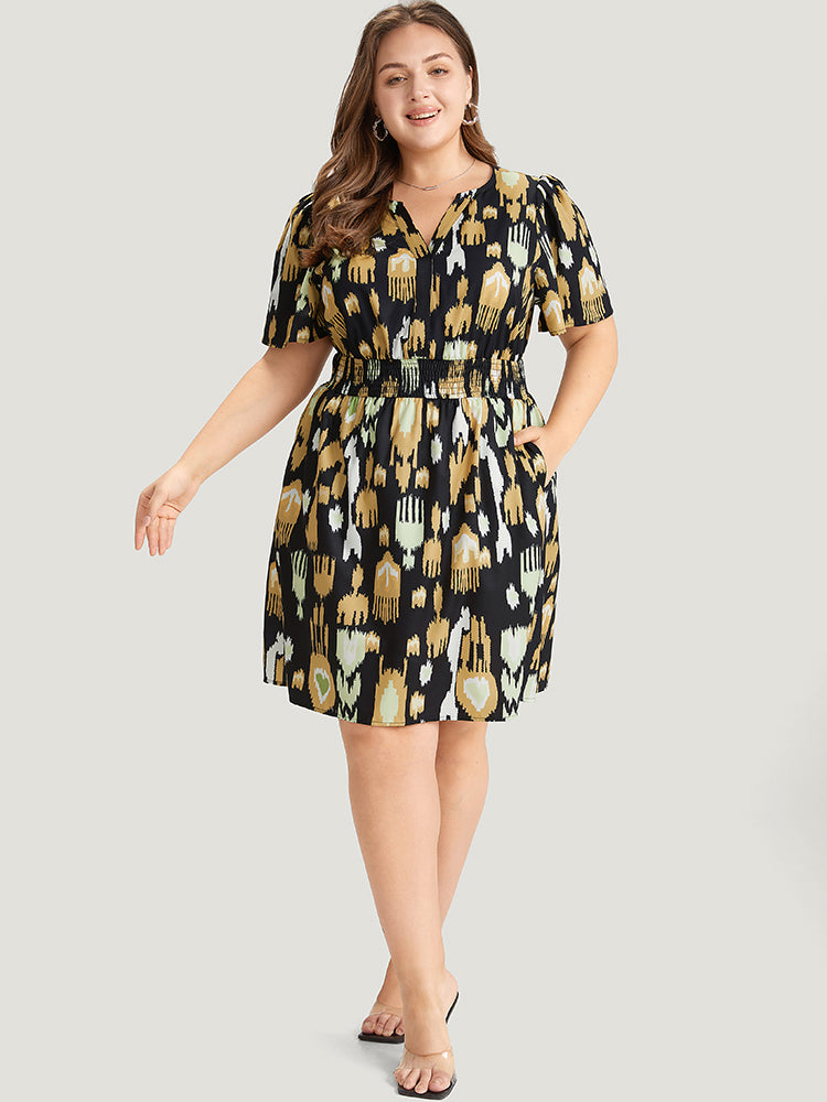 Graphic Print Notched Shirred Pocket Puff Sleeve Dress