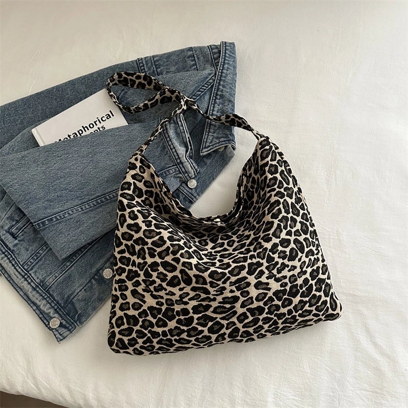Women's Medium Cotton Leopard Vintage Style Square Magnetic Buckle Underarm Bag